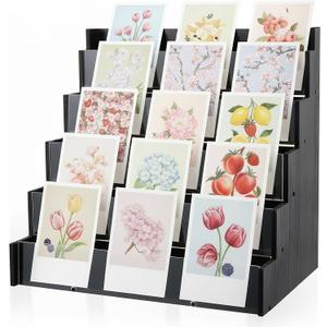 5 Tier Greeting Card Display Stand Black Bamboo and Acrylic Sticker Display Stand Trading Card Holder Retail Photos Shelf for Vendors Craft Collection & Show