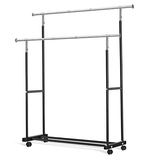 VICERII Double Clothing Rack, 130LB Capacity Heavy Duty Garment Rack with Wheels and Bottom Shelf, 55.51 Inch Long Rolling Clothes Racks for Hanging Clothes, Black