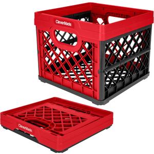 CleverMade Collapsible Milk Crate 25L (6.6 Gal), 50 lb Capacity Heavy Duty Folding Crate  Stackable Storage Crates with File Rails, Plastic Collapsible Crates - Red (1 Pack)