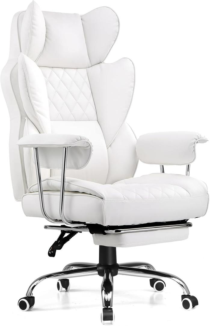 COMHOMA Big and Tall Office Chair, High Back Leather Gaming Chairs with Footrest, Executive Ergonomic Office Chair with Pocket Spring Lumbar Support and with Outward Fixed Soft Armrests (White)