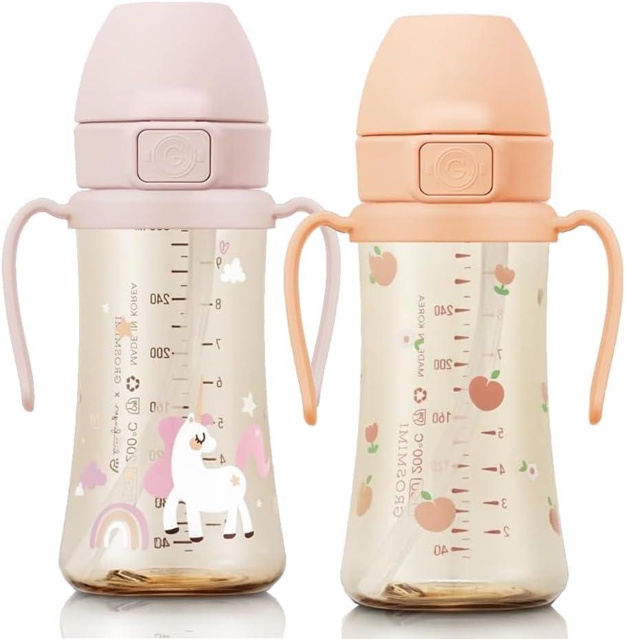 GROSMIMI Flip Top Spill Proof Sippy Cup, PPSU, BPA Free, 10 oz, Stage 2 Straw for Toddlers, 2-pack (Peach Flower & Unicorn)