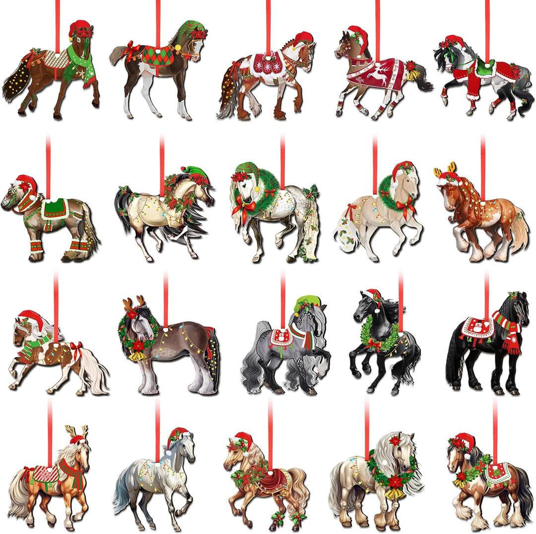 Unittype 20 Pcs Christmas Horse Ornaments Bulk Wooden Painted Christmas Tree Hanging Decor Farmhouse Vintage Western Theme Party Decor Year of The Horse 2026 Ornament for Home Door Party Supplies
