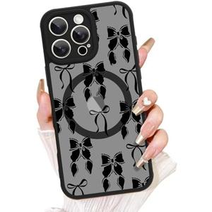 AIGOMARA for iPhone 16 Pro Case, Compatible with MagSafe, Cute Bowknot Pattern with Semi-Transparent Frosted Phone Case for Woman Gilrs Soft TPU and PC Back Protective Slim Phone Cover Black