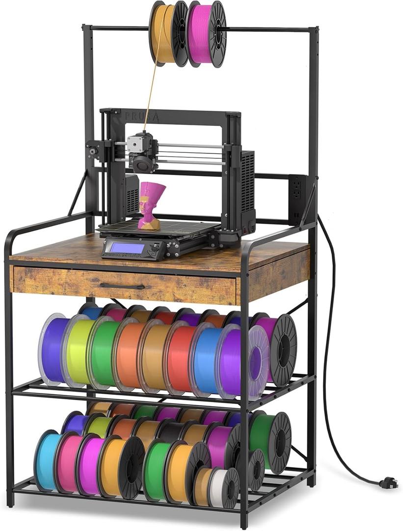 3D Printer Stand with Power Hub and Top Storage Shelf – Heavy Duty X-Bracket Stability, 3-Tier Storage & Tool Organizer for Workshop and Office