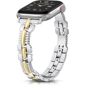 Wearlizer Slim Metal Band Compatible with Apple Watch Bands Women, Thin Dressy Stainless Steel Strap Designer Bracelet for iWatch  Silver/Gold, 38/40/41/42mm(Series 11 10)