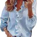 BOFETA Womens Long Lantern Sleeve Blouse Tops V Neck Shirts Turn Down Collar Lightweight Loose Blouses (Blue, XL)