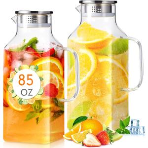 Honeydak 2 Pack 2.5 Liters 85 oz Square Glass Pitcher with Lid and Handle, Glass Water Jars Carafe Jug for Hot/Cold Drinks, Tea, Beverages, Parties and Picnics