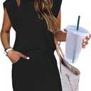 ETCYY NEW Womens Cap Sleeve Summer Dress Crew Neck Tie Front A-Line Dresses Double Layer Hem Mini Dress, Small