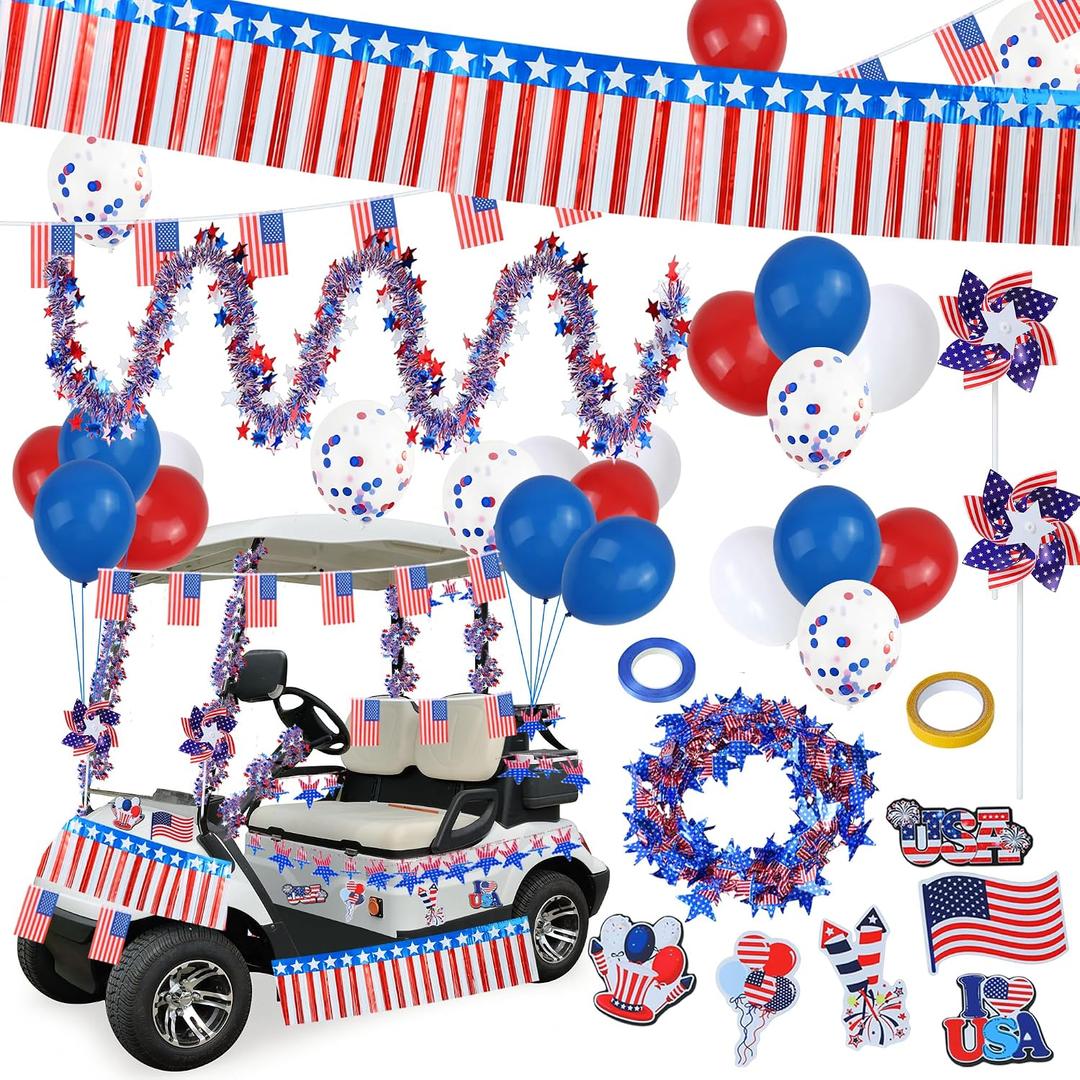 4th of July Golf Cart Decorations 250th Anniversary Patriotic Independence Day Decoration Kit Balloon Rain Silk Curtain Wreath Color Bar Magnet Flag Windmill Ribbon for Parade Party Yard Decorations