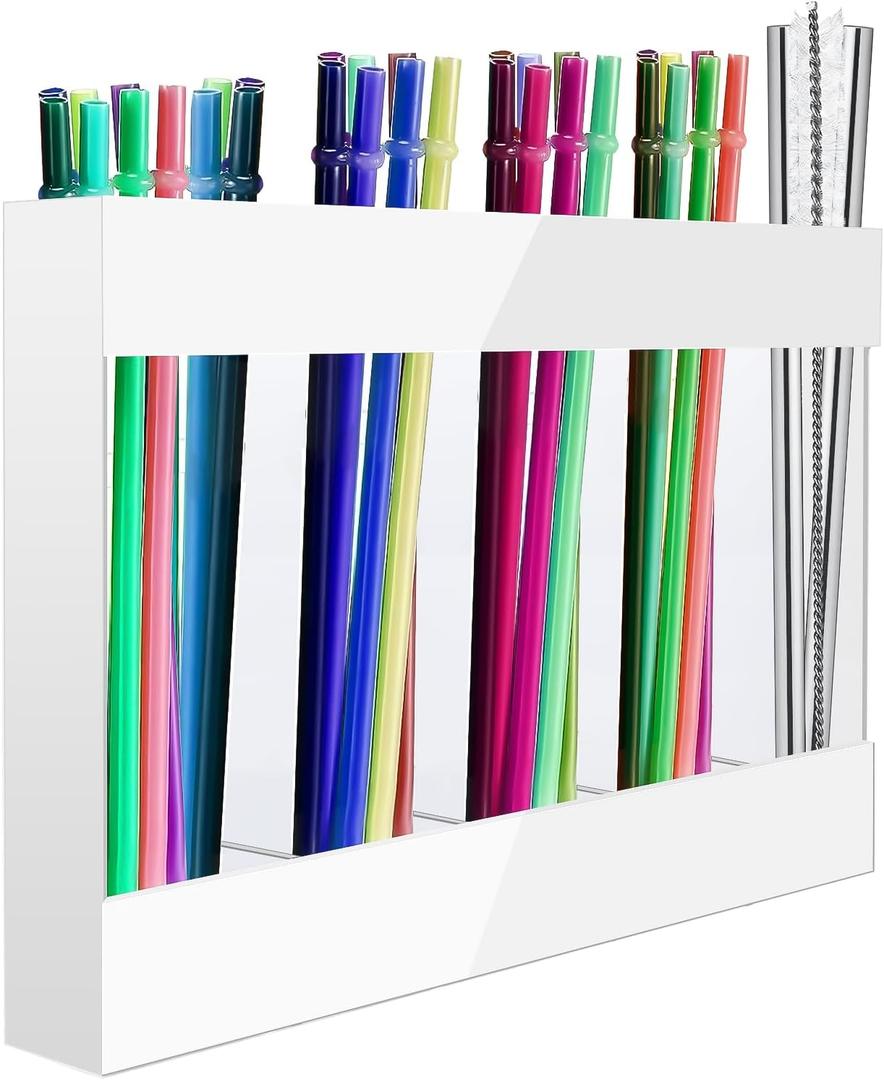 Straw Holder Acrylic for Cabinet Reusable Organizer Dispenser 5-Grid Straw Rack Comes with 8 Double-Sided Tapes and 15 Classification Label Stickers (White)