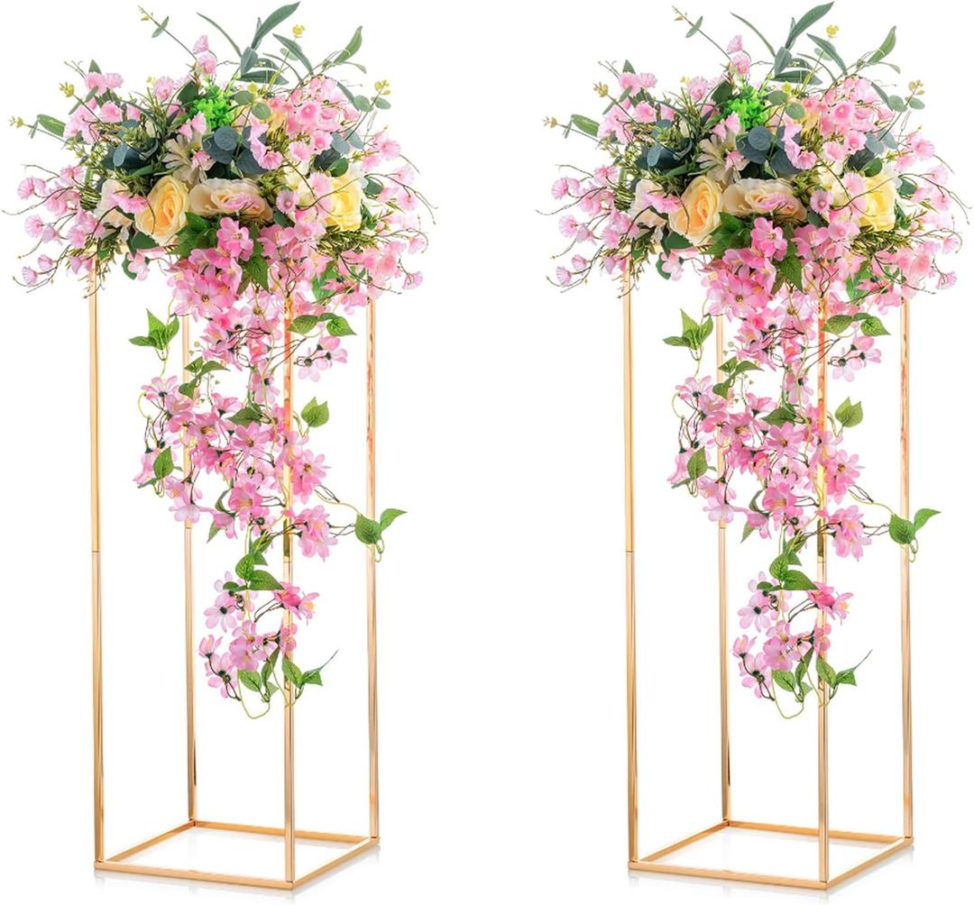 NUPTIO 2 Pcs Metal Flower Floor Vase Column Geometric Centerpieces Flower Stand for Tables, 31 inch Tall Gold Flower Holder for Home Party Wedding Decorations, Rectangular Display Rack