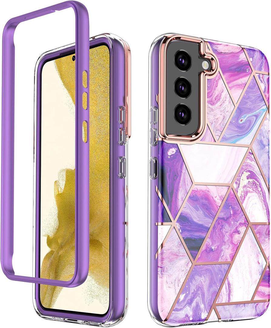 2 x Designed for Samsung Galaxy Series [Military Grade Shockproof] Marble Full Body Protective Phone Case (Purple, Galaxy S22 Plus)