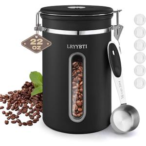 Coffee Canisters with Window,Scoop and Airtight Lid Stainless Steel Kitchen Bean Storage Grounds Container22OZ/Black)Date Tracker and Scoop for Grounds Coffee Bar Accessories Beans, Cereal, Sugar