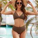 Women High Waisted Bikini Sets Criss Cross Back V Neck Bathing Suits High Cut Two Piece Swimsuits (Brown, XL)