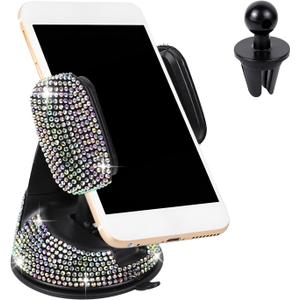 Bling Phone Holder for Car, Rhinestone Cell Phone Holder for Dashboard Windshield, 360 Adjustable Car Phone Mount with Air Vent Base, Universal Phone Holder Car Accessories (Colorful)