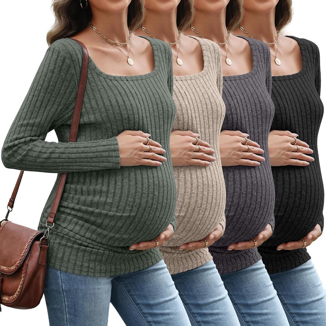 4 Pack Women's Maternity Ribbed Shirts Long Sleeve Square Neck Sweaters Casual Slim Side Ruched Pregnancy Clothes (Army Green, Light Coffee, Dark Gray, Black)