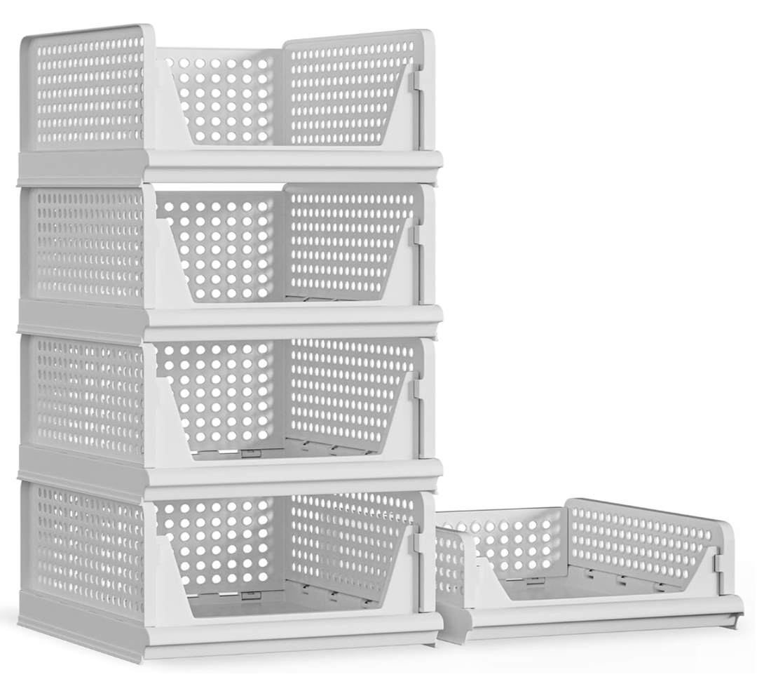 Proarea 5 Pack Stackable Plastic Storage Basket Closet Organizer Bin Foldable Clothes Organizer Storage Drawer Shelf Container for Living Room Bathroom Kitchen Office (5L)