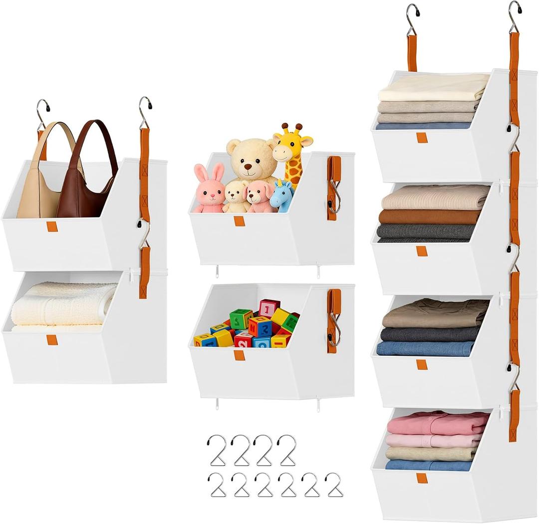 DIMJ Hanging Closet Organizer - 4 Tier Collapsible Hanging Shelves with Hooks Zipper, Fabric Clothes Organizer, Space-Saving Storage Bin Basket for RV, Bedroom, Laundry Organization (White)