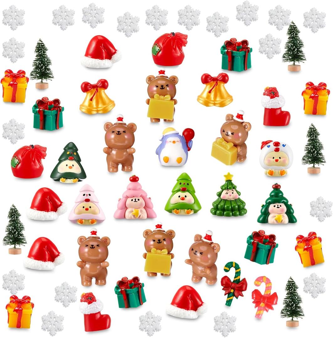 Sawysine 64 Pcs Mini Resin Christmas Figurines Christmas Miniatures Figurines Garden Miniature Ornament Mini Animals Xmas Tree for DIY Crafts Snow Globes Fairy Decor Cake Toppers