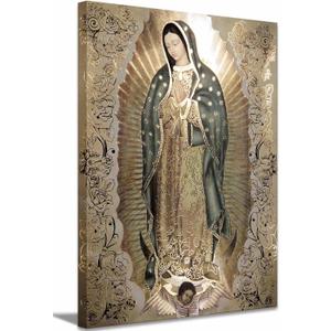 Large Framed Our Lady of Guadalupe Portrait Canvas Wall Art Decor Virgin Mary Wall Art Virgen De Guadalupe Cuadros De La Virgen De Guadalupe Poster Prints Pictures Artwork Painting Sculpture Catholic (24"L x 36"W, brown)