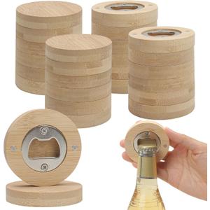 24pcs Round Bamboo Bottle Opener Magnet, 2.6 Inch Round Shape Wooden DIY Beer Openers Bulk, Fridge Refrigerator Sticker for Coaster Bars Parties Kitchens Decoration, Gift for Wedding Guest Beer Lover