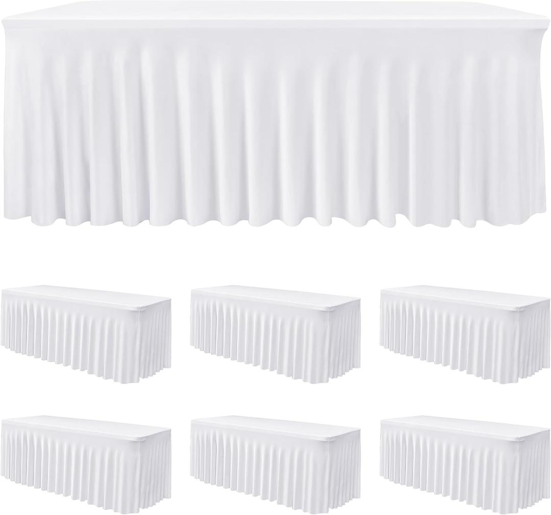 HolidayIdeas White Spandex Table Covers 6 Foot, Fitted Stretch Table Skirts 30x72 Inch, Wrinkle-Free Floor Length Polyester Tablecloths for Weddings Parties Banquets Events,6 Pack