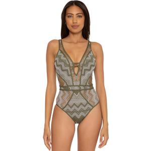 BECCA Color Play One Piece Swimsuit, Plunge Neck, Crochet, Bathing Suits for Women (Small, Seaweed)