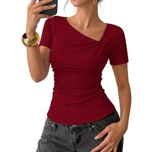 ZESICA Women’s Spring Asymmetrical Short Sleeve Tops 2026 Summer Ruched Fitted Going Out Shirts Fashion Vacation Clothes Wine Medium