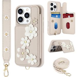 Compatible with iPhone 16 Pro Wallet Case with Card Holder for Women, Kickstand, Crossbody Lanyard, Wrist Strap Flower Leather Flip Cover Designed for iPhone 16 Pro 6.3", Beige
