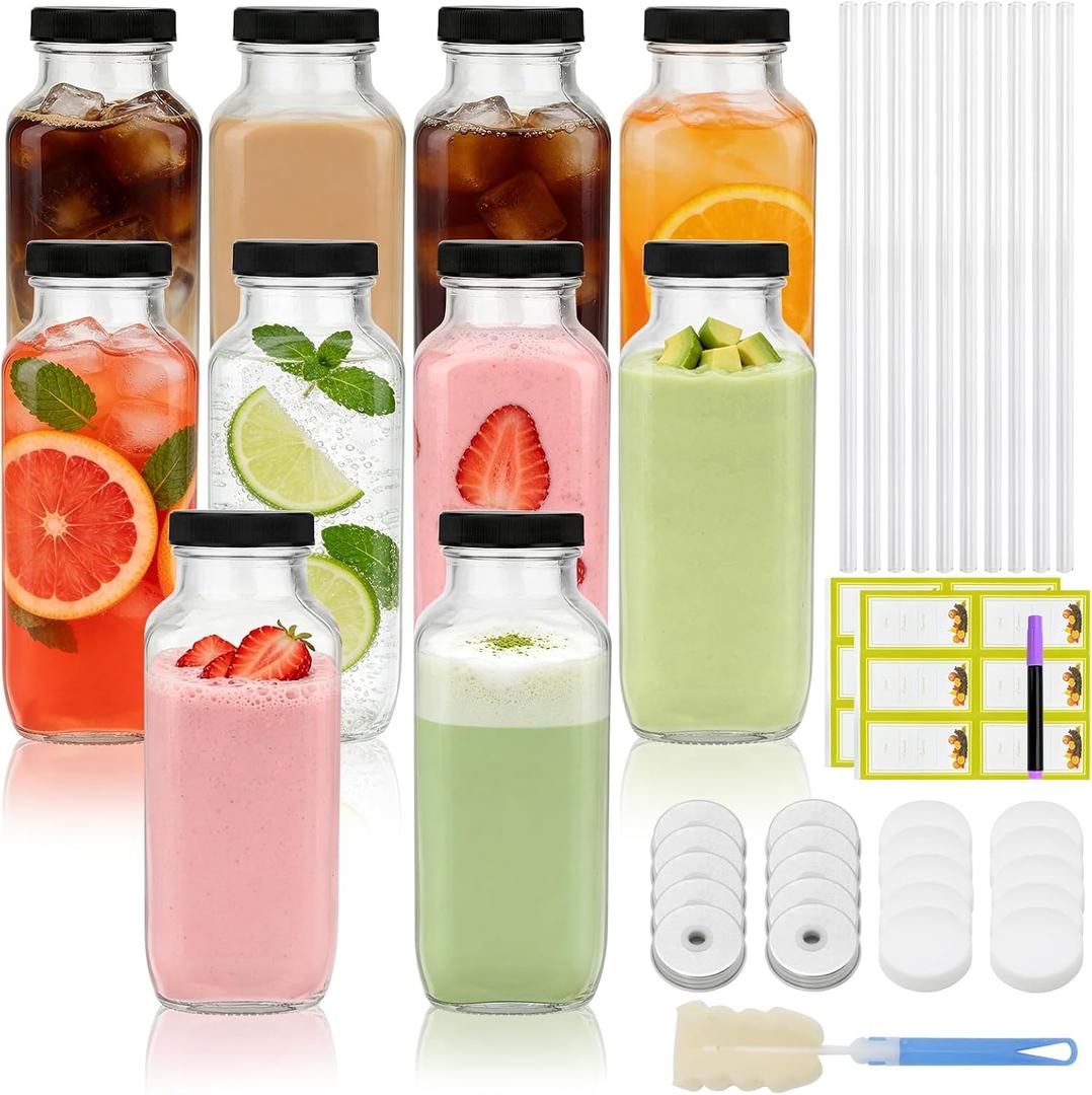 16 oz Glass Juice Bottles with Lids,Sqaure Juicing Bottles Reusable Glass Drinking Jars Set of 10,Empty 500ml Juice Containers Glass Bottles for Smoothies,Water,Kombucha