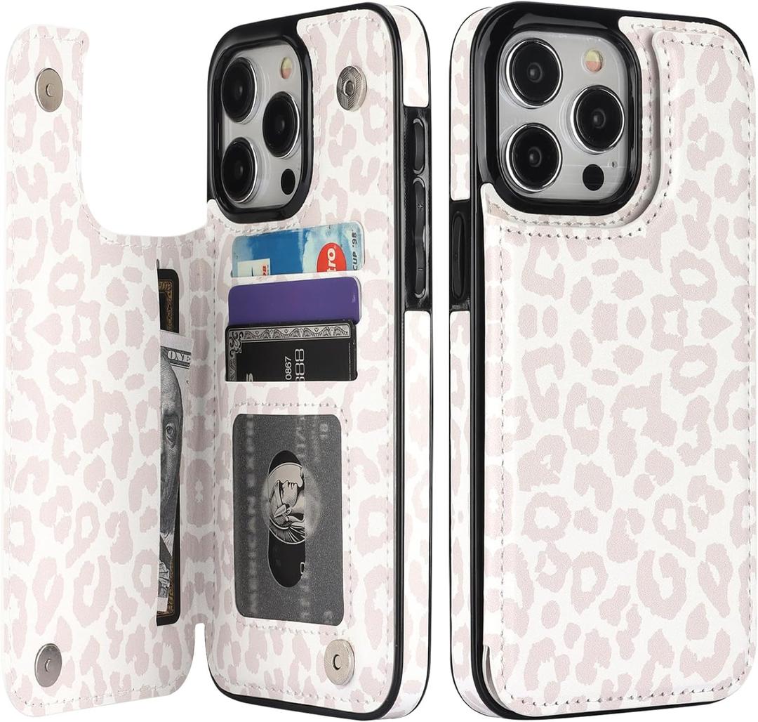 HAOPINSH for iPhone 15 Pro Max Case Wallet with Card Holder, White Leopard Cheetah Pattern Back Flip Folio PU Leather Kickstand Card Slots Case for Women Girls, Double Magnetic Clasp Cover 6.7"