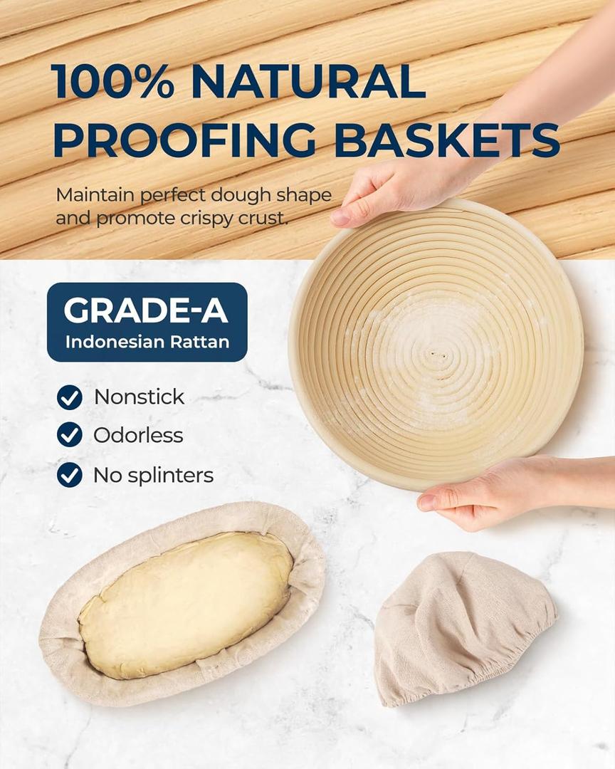 Banneton Proofing Basket Set of 2, 10 Inch Round & Oval Cane Bread Proofing Baskets with Sourdough Bread Baking Supplies, Bread Making Kit (Premium 10" Round & 10" Oval, Rattan)