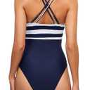 Vogueric Womens One Piece Swimsuits V Neck Crisscross Back Bathing Suit Tummy Control Ruched O Ring Swimwear Blue Stripe Large (Blue, L)
