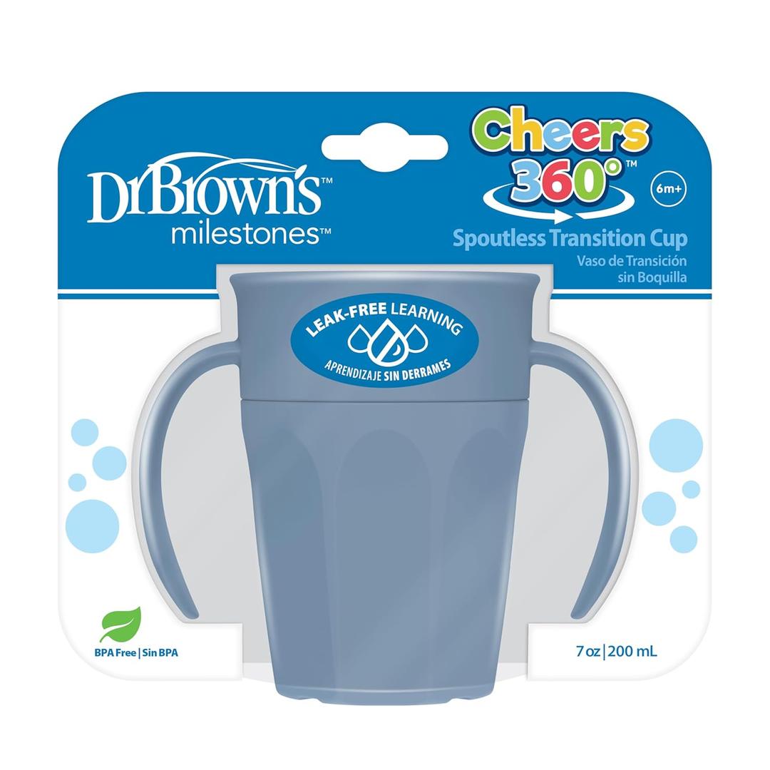 Dr. Brown's Milestones Cheers 360 Spoutless Transition Cup with Handles, Travel Friendly and Leak Free Sippy for Babies and Toddlers, Blue, BPA-Free, 7 oz/200 mL, 6m+, Blue
