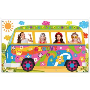 60's Hippie Bus Photo Prop 60s Party Decorations Large Fabric Retro Groovy Van Prop Hippie Selfie Frame Backdrop Background Banner Birthday Party Supplies Retro 60s 70s Party Favors 65.8 x 35.4 Inch