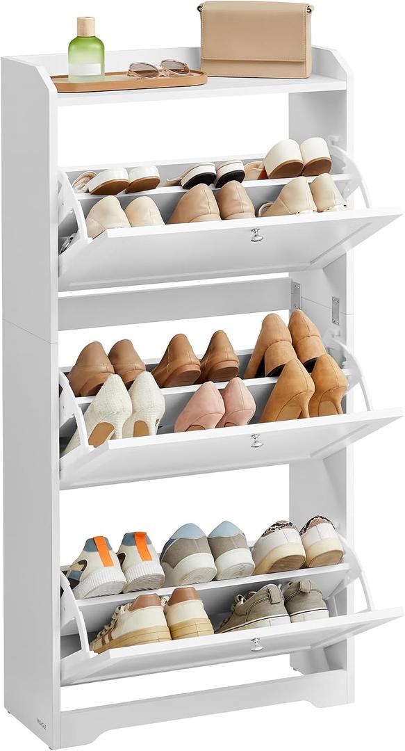 VASAGLE Shoe Cabinet with 3 Flip Drawers, Shoe Organizer, Adjustable and Removable Dividers, Holds 12-20 Pairs, Entryway, 9.4 x 23.6 x 47.7 Inches, Cloud White ULBC036WB02S, 9.5"d X 23.6"w X 47.7"h-shoe Cabinet