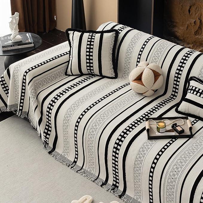 Striped Couch Cover Blankets, Boho Couch Covers, Sofa Blanket Cover for Dogs, Large Couch Covers for Recliner and Chair, Chenille Sofa Covers Washable Sectional(1pc/Black/71 x 102")