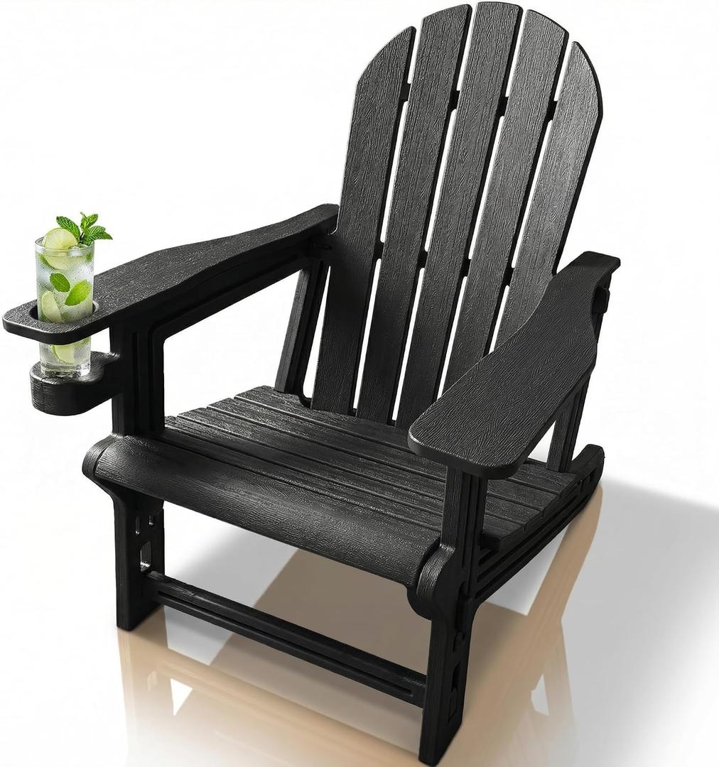 Adirondack Chair with Cup Holder,Tool-Free Assembly,No Screws Needed,All-Weather HDPE Plastic Outdoor Patio Chair,Wood-Grain Slatted Look,Easy to Take Apart for Storage,Fire Pit Chairs(Classic Black)