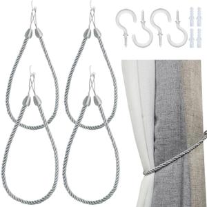 Rope Curtain Tiebacks for Hanging Drapes, Long Curtain Tie Backs for Curtains with 4 Metal Screw Hooks, Holders Cord for Thin or Thick Window Curtains, Silver 4 Pack