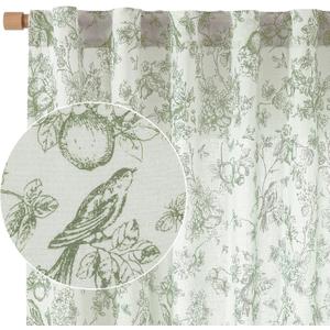 Vangao Linen Floral Curtains for Living Room 84 Inch Length Sage Green Drapes Back Tab Light Filtering Toile Bird Printed Farmhouse Bedroom Rod Pocket Window Treatments 2 Panels