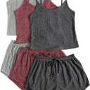 GORGLITTER Women's 3 Sets Ribbed Pajamas Set Sleeveless Crop Top and Tie Front Shorts Lounge Set Sleepwear Loungewear (Grey Red Dark Grey)