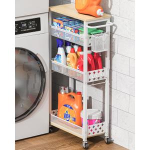 Slim Storage Cart 4 Tier Laundry Cart with Wheels, Narrow Metal Kitchen Rolling Carts Bathroom Organizers Storage Shelf with Wood Rack and Handle for Small Space (White)