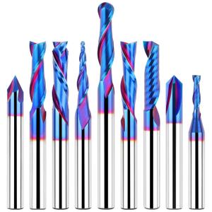 9PCS Carbide CNC Router Bits Set 1/4 Inch Shank, Multiple Uses Spiral Router Bit for Woodworking Detail Carving Trimming V Groove Engraving Slotting Mortise