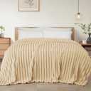 Exclusivo Mezcla California King Size Flannel Fleece Blanket, Super Soft Striped Jacquard Bed Oversized Blanket, Lightweight Fuzzy Cozy for All Seasons, 120x120 Inches, Beige