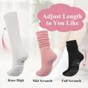 Grip Pilates Socks for Women, Yoga Slouch Socks with Grip for Barre Workout Hospital Long Scrunch Slipper Socks (White+black+pink)