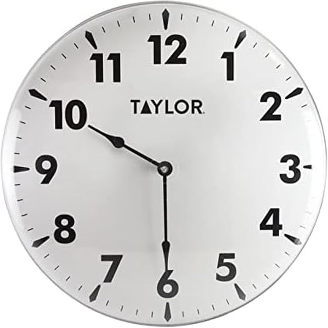 Taylor Indoor Outdoor Metal Wall Clock, Wireless Thermometer with Easy to Read Large Numbers for Patio, Pool, and Indoor Areas, 18-inch