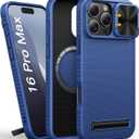for iPhone 16 Pro Max Case Slim with Stand, Rugged Military Grade Protection, Slide Camera Cover, Compatible with MagSafe, Heavy Duty Men Women Magnetic Phone Case for iPhone 16 Pro Max, Blue