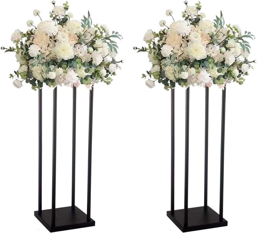 2 Pcs 28 Inches Matte Black Wedding Flower Stand Metal Vase Column Pillar Centerpiece for Event Party Reception Table Decoration