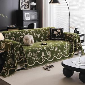 DREAMINGO Green Floral Couch Cover Farmhouse Botanical Jacquard Sofa Covers for 3 Cushion Couch Cozy Chenille Living Room Furniture Futon Sectional Sofa Slipcovers Washable, X-Large 71"x134"