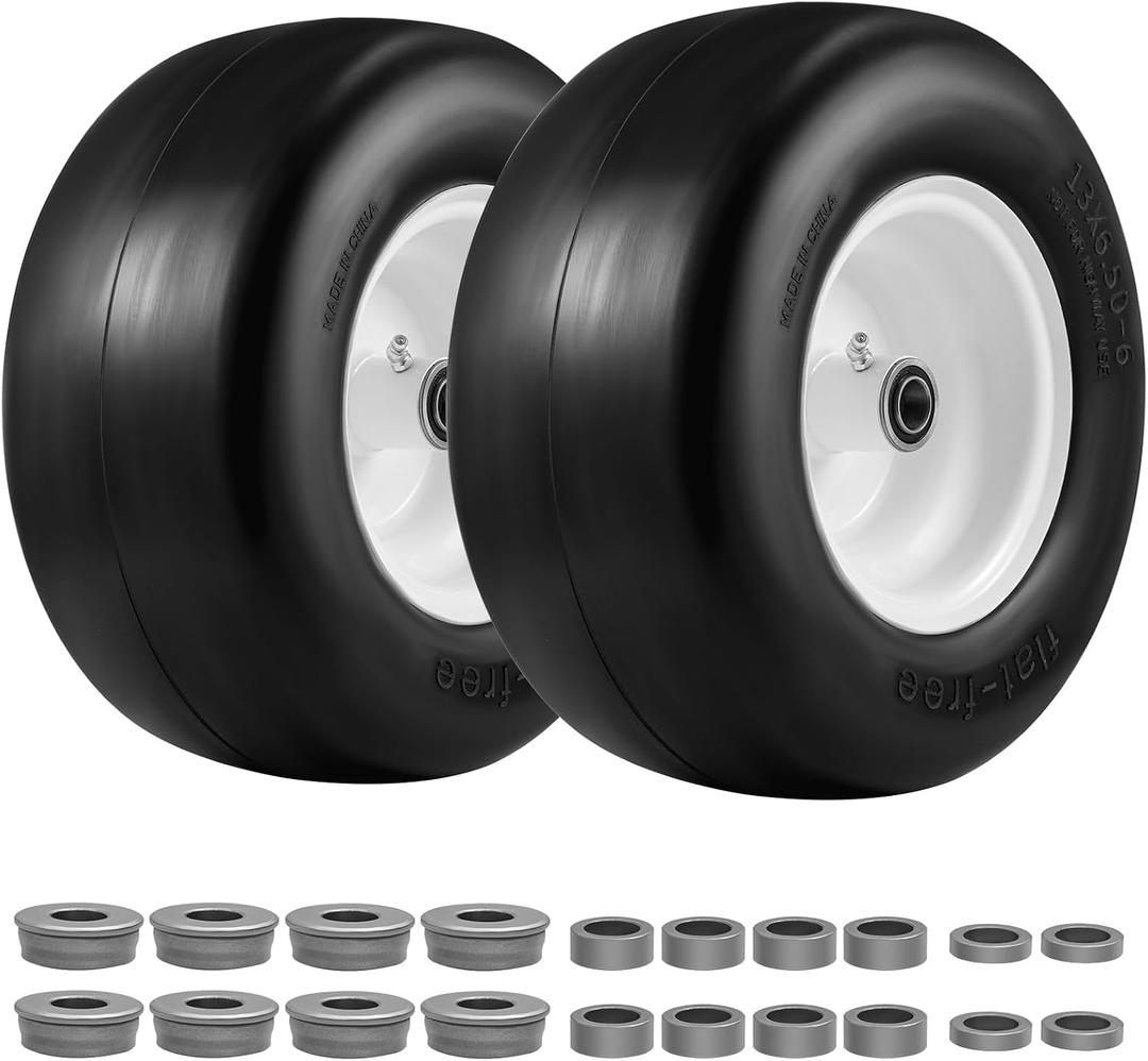 13x6.50-6 Lawn Mower Tire and Wheel Flat Free 2 PCS, Solid Smooth Zero Turn Lawn Mower Front Tire Assembly, 3/4" Bearings Pre-assembled, 4"-6.2" Centered Hub and Extra 5/8" & 1/2" Bushings, 12.8 inches